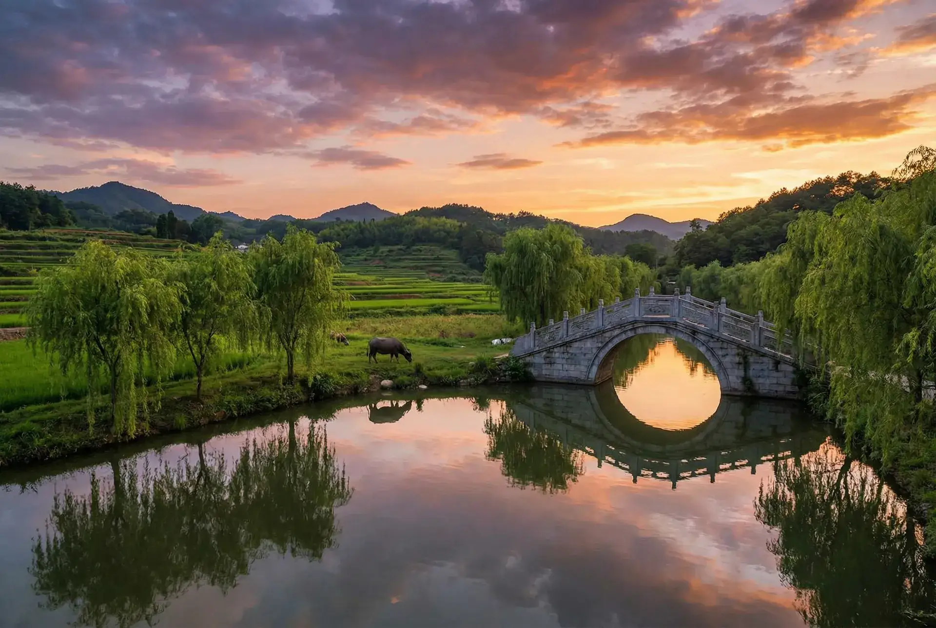 夕阳下的石拱桥与垂柳，水牛在河边吃草 - 好吊日精品这里只有 乡村美景